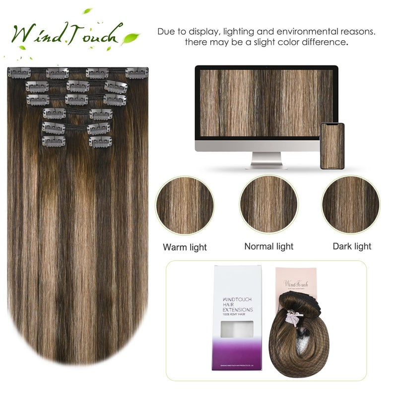 WindTouch Clip in Hair Extensions Ombre Medium Brown to Caramel Blonde Balayage Clip in Hair Extensions Real Human Hair 18Inch 7Pcs 120g - Image 5